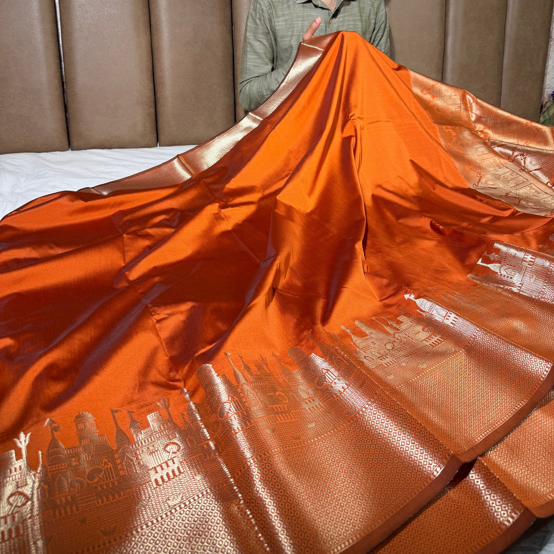 Rusted Orange Ghats Border Softsilk Banarasi Saree