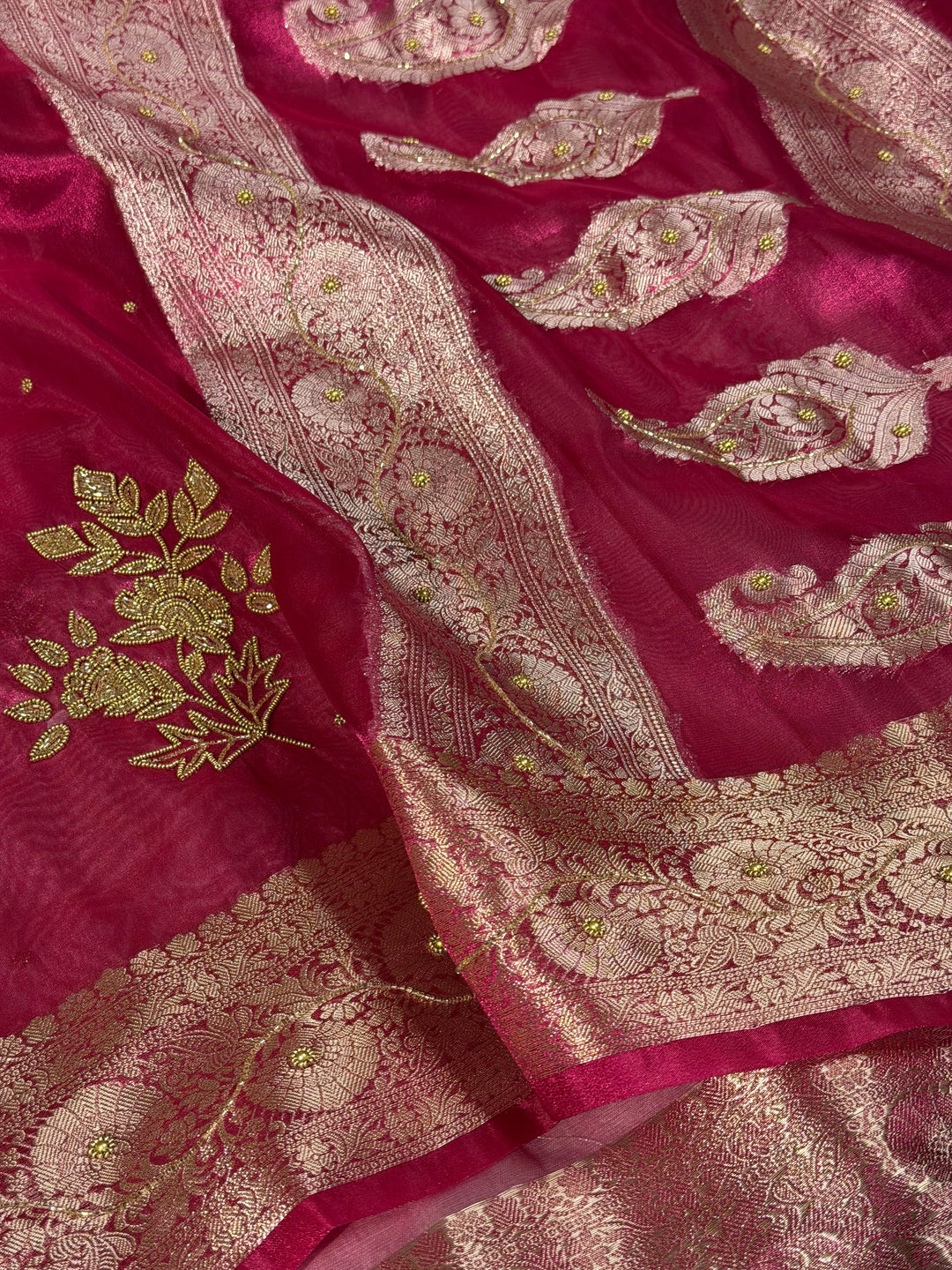 Rani Pink Kora Tissue Intricate Handwork Banarasi Saree