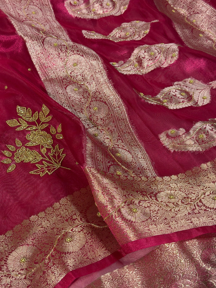 Rani Pink Kora Tissue Intricate Handwork Banarasi Saree