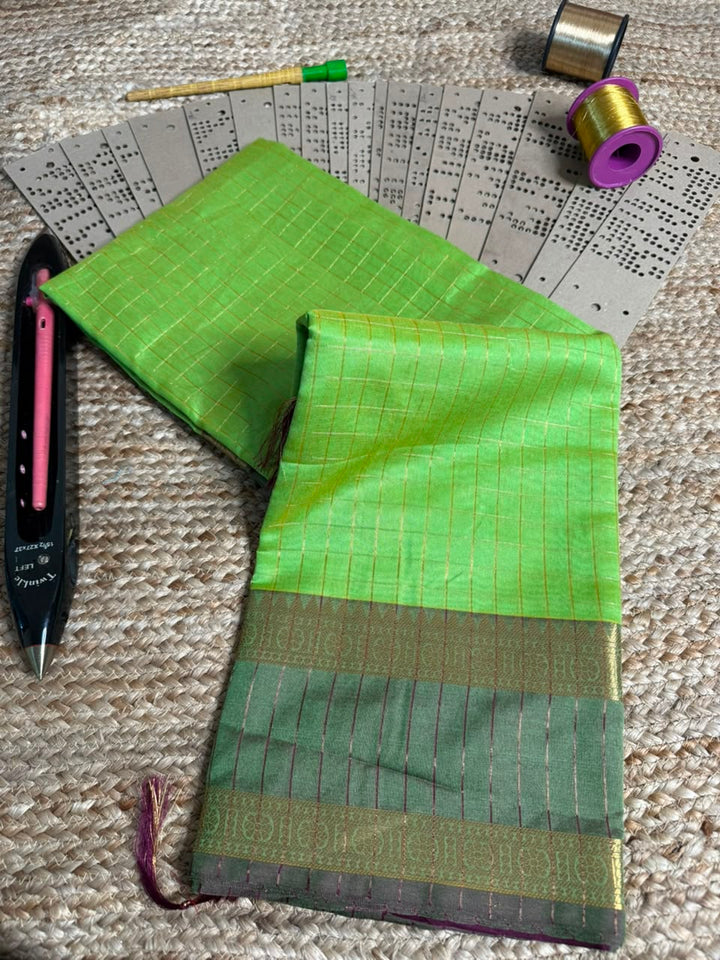 Light Green Checks Cotton Banarasi Saree
