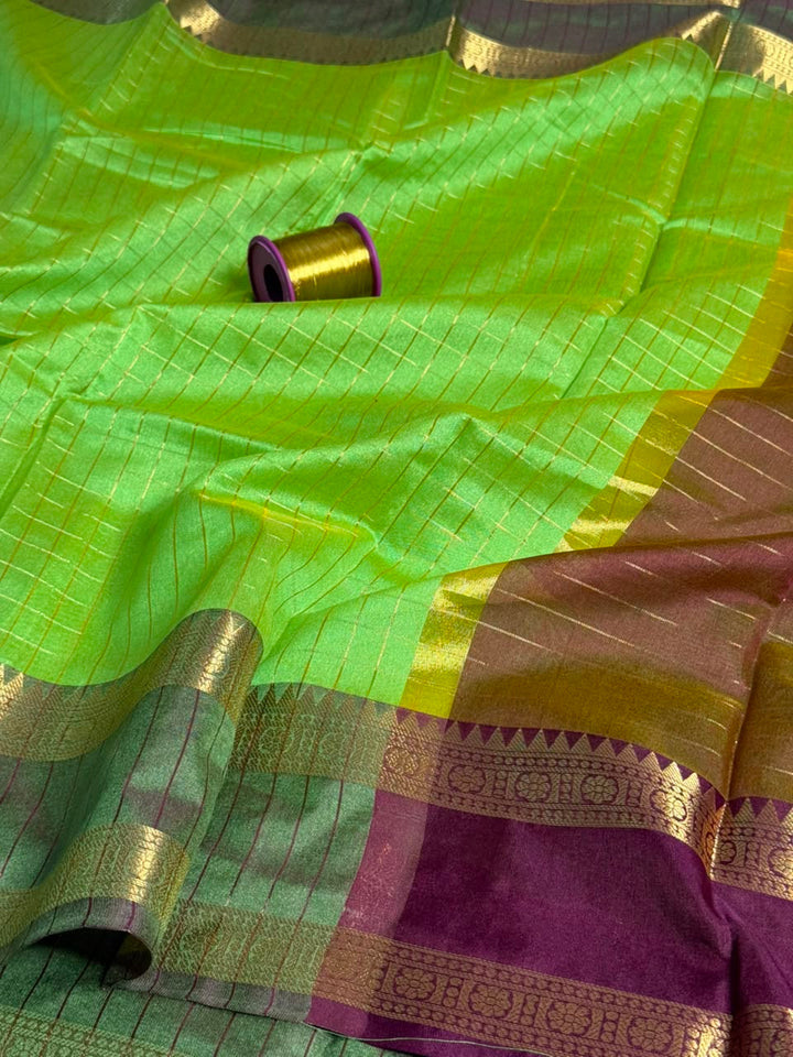 Light Green Checks Cotton Banarasi Saree