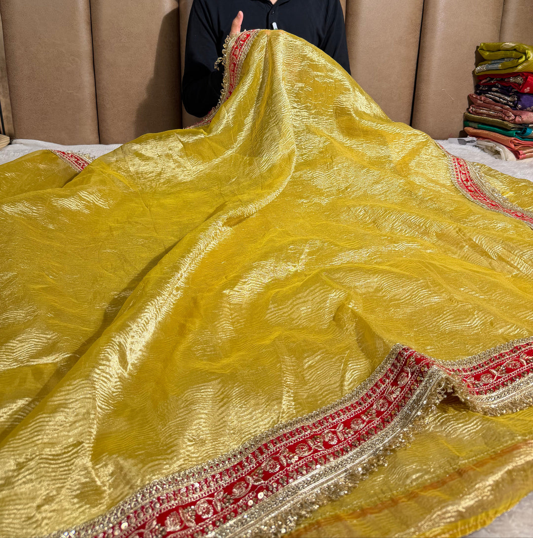 Light Gold Crushed Tissue Red Gota Banarasi Saree