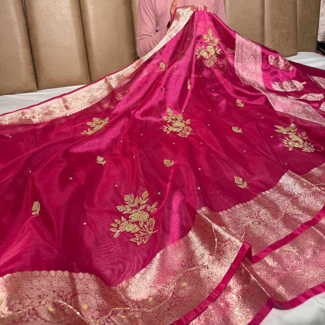 Rani Pink Kora Tissue Intricate Handwork Banarasi Saree