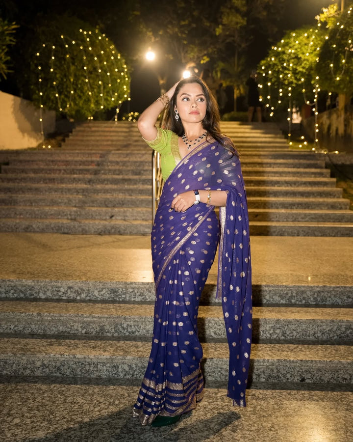 Blueish Purple Viscose Georgette Khaddi Buti Saree