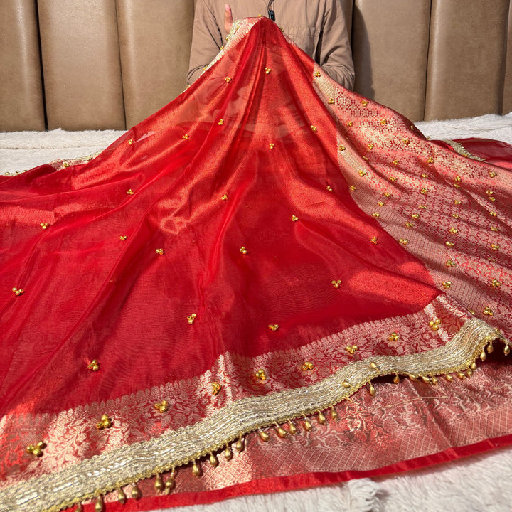 Metallic Red Kora Tissue Viral Ghungroo Saree