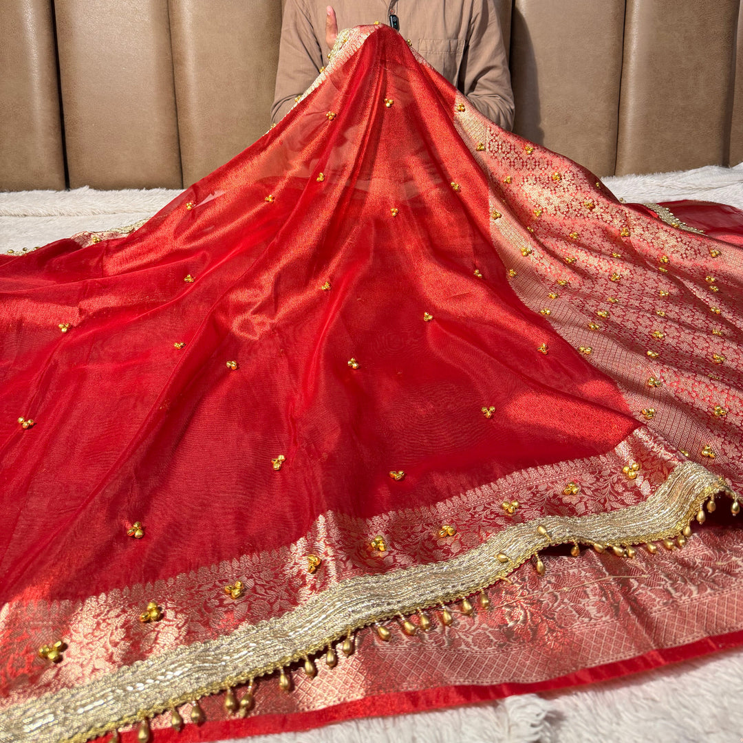Metallic Red Kora Tissue Viral Ghungroo Saree