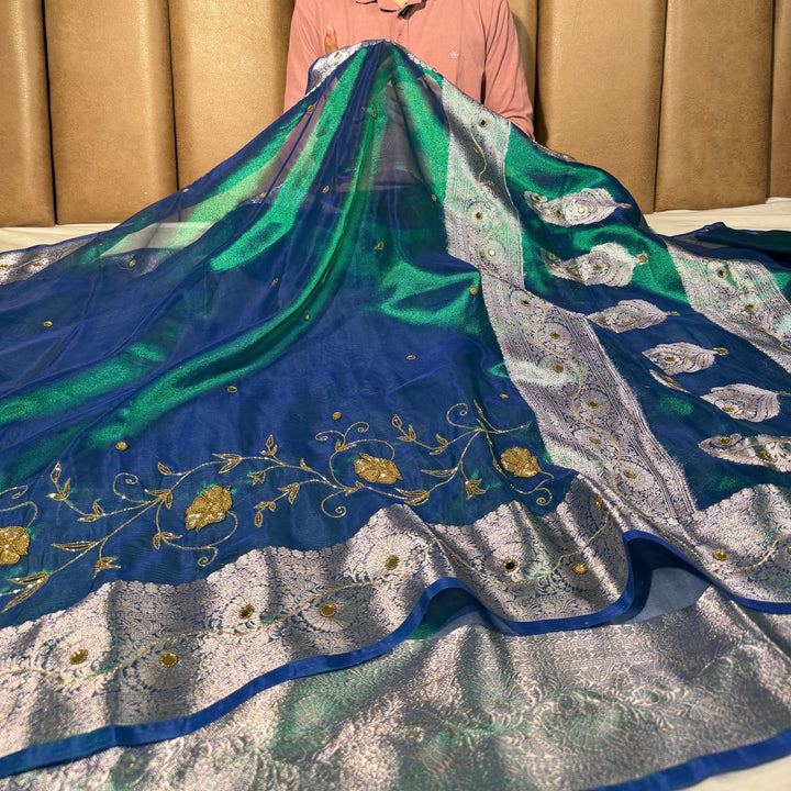 Rare Peacock Kora Tissue Intricate Handwork Banarasi Saree