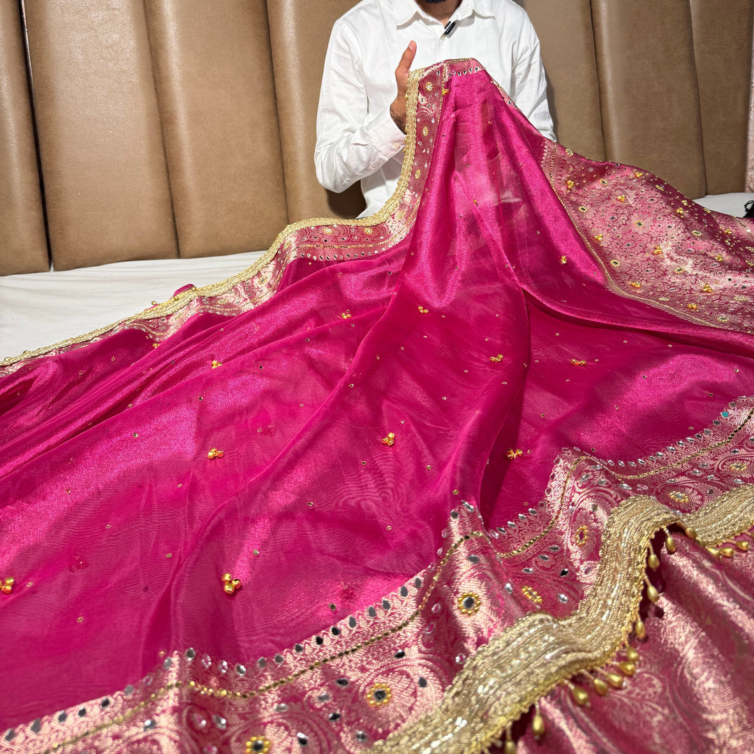 Rani Pink Kora Tissue Viral Ghungroo Saree