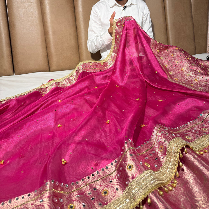 Rani Pink Kora Tissue Viral Ghungroo Saree