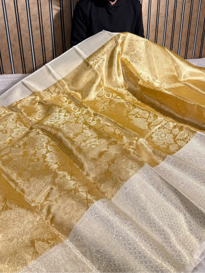 Golden Contrast Tissue Silk Floral Jaal Banarasi Saree
