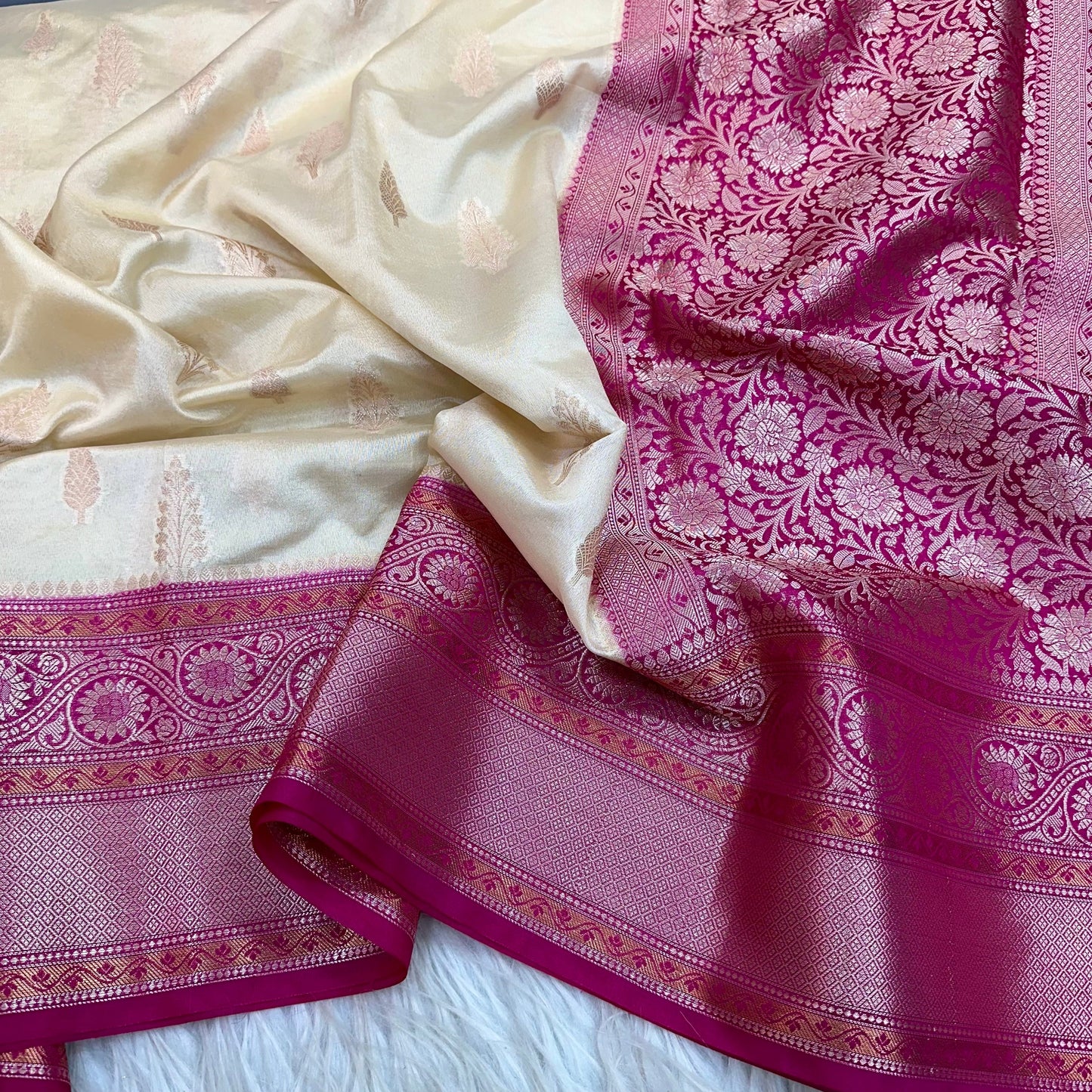 Bright Cream Chinia Silk With Contrast Border