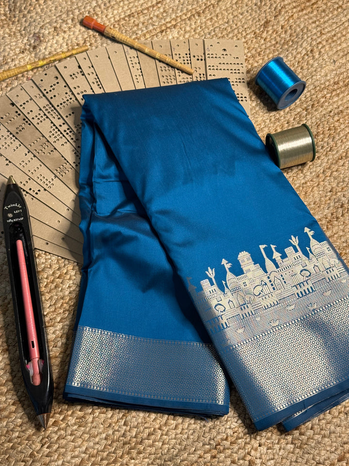 Light Blue Ghats Border Softsilk Banarasi Saree