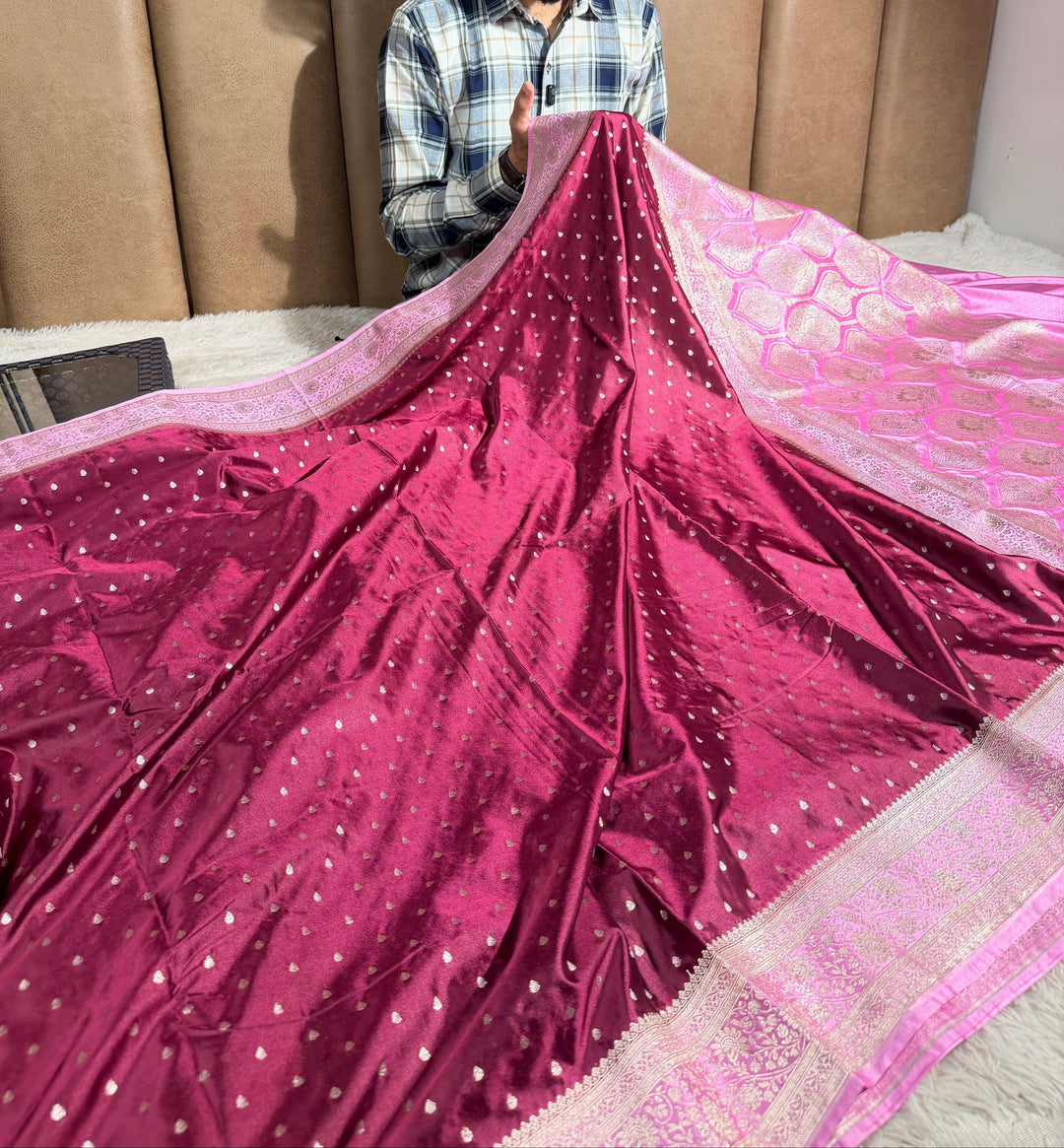 Wine-Pink  Mashru Katan Silk Zari Buti Weave Banarasi Saree