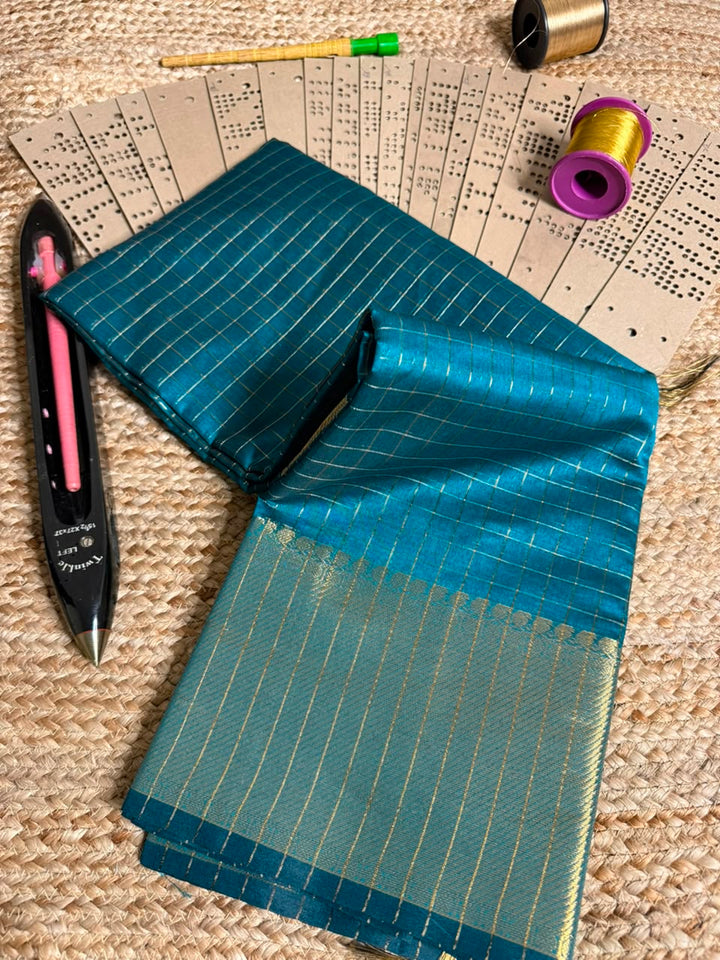 Firozi Blue Checks Cotton Banarasi Saree