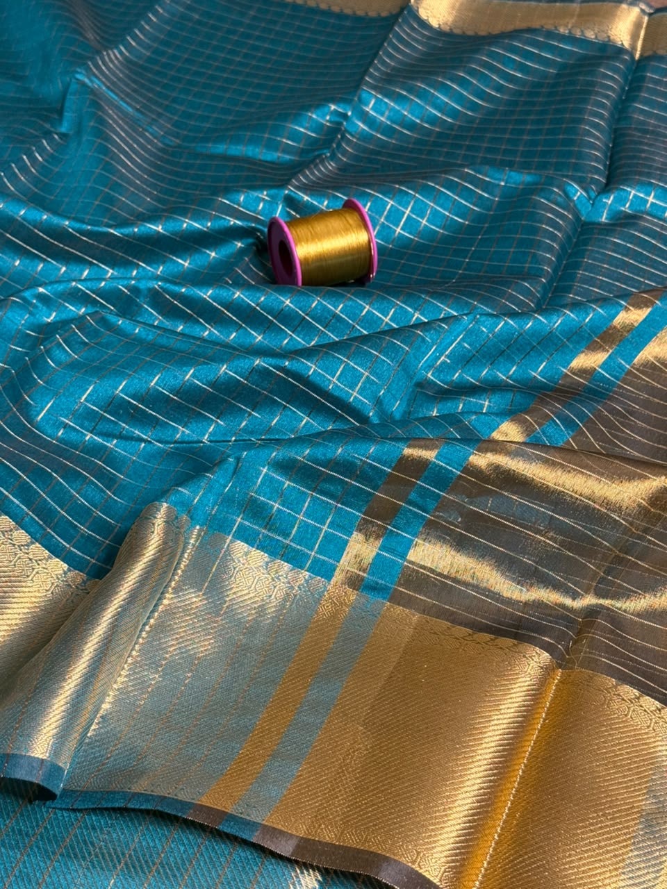 Firozi Blue Checks Cotton Banarasi Saree