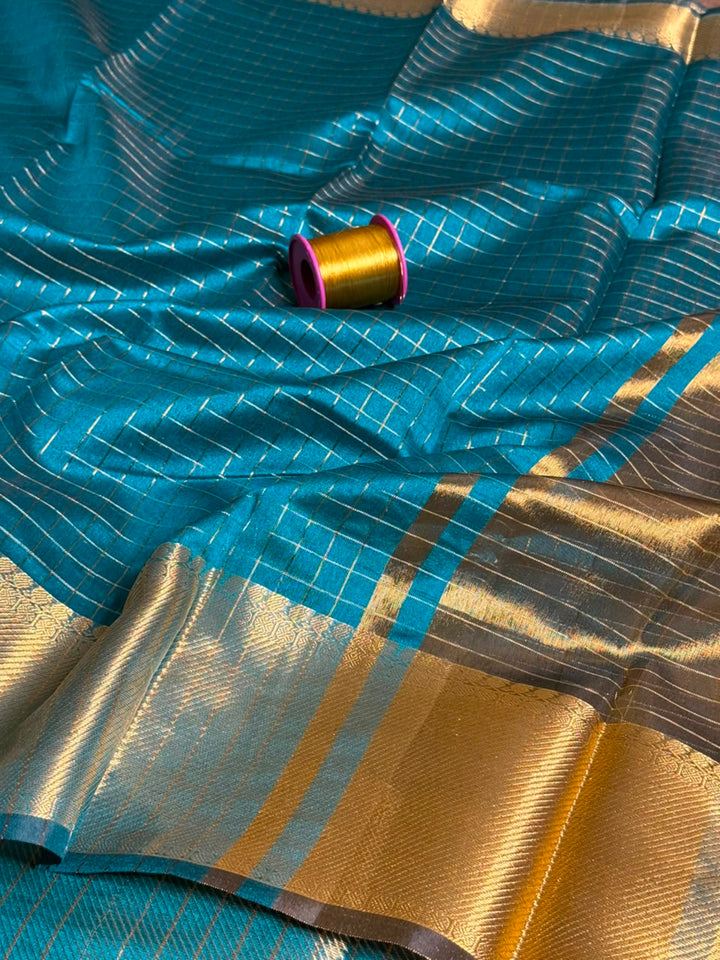 Firozi Blue Checks Cotton Banarasi Saree