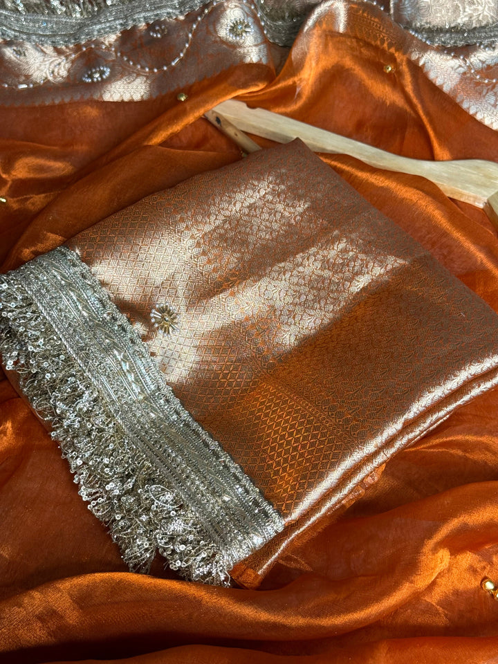 Metallic Orange Pure Tissue Silk Ghungroo Handwork Saree