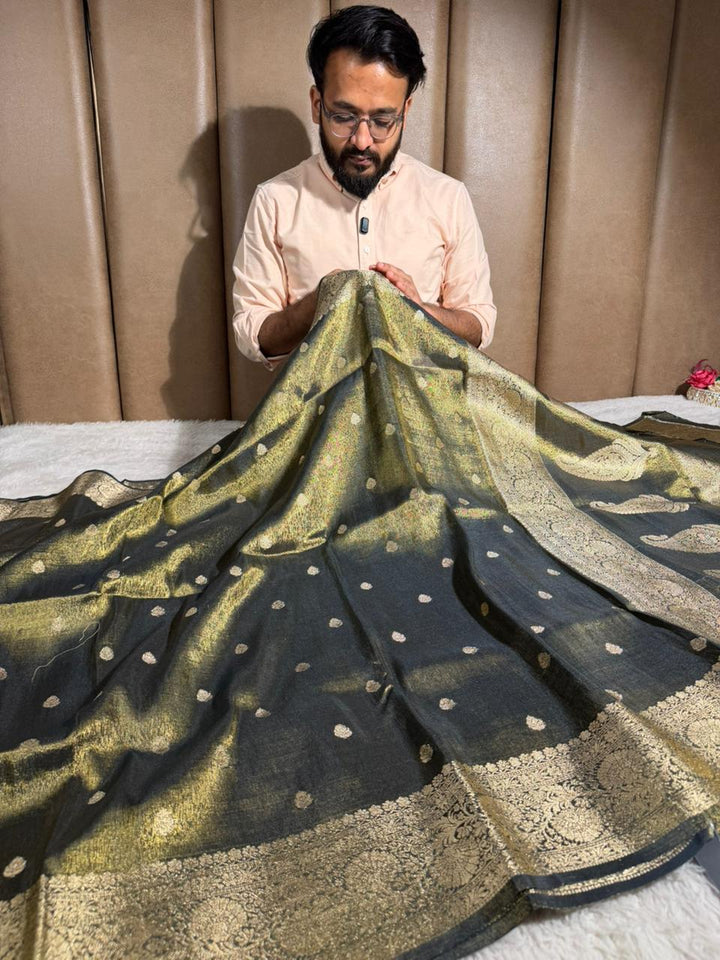 Ash Brown Premium Katan Tissue Banarasi Saree