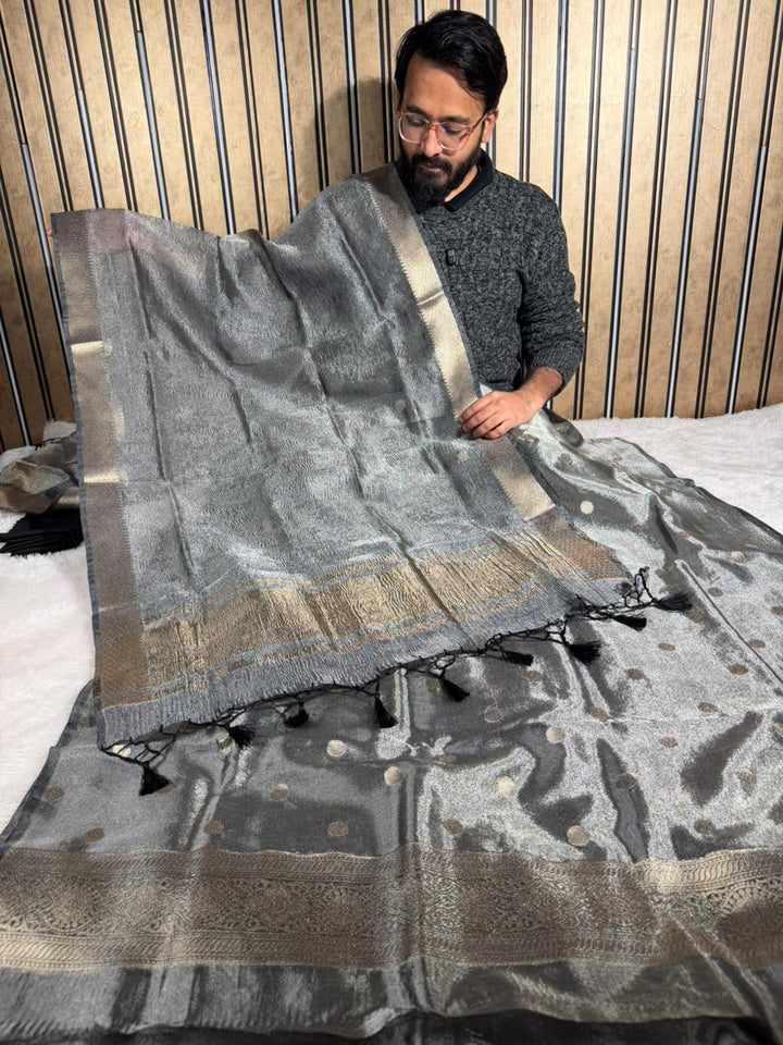 Ash Grey Kora Tissue Silk Banarasi Suit