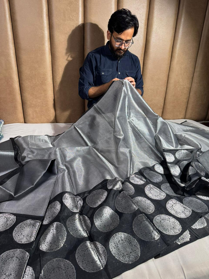 Ash Grey Soft Tissue Silk Jacquard Banarasi Saree