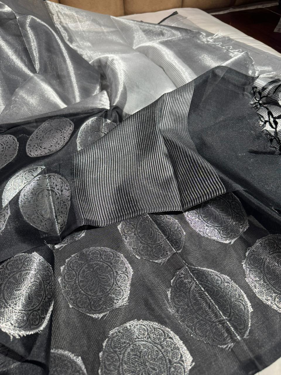 Ash Grey Soft Tissue Silk Jacquard Banarasi Saree