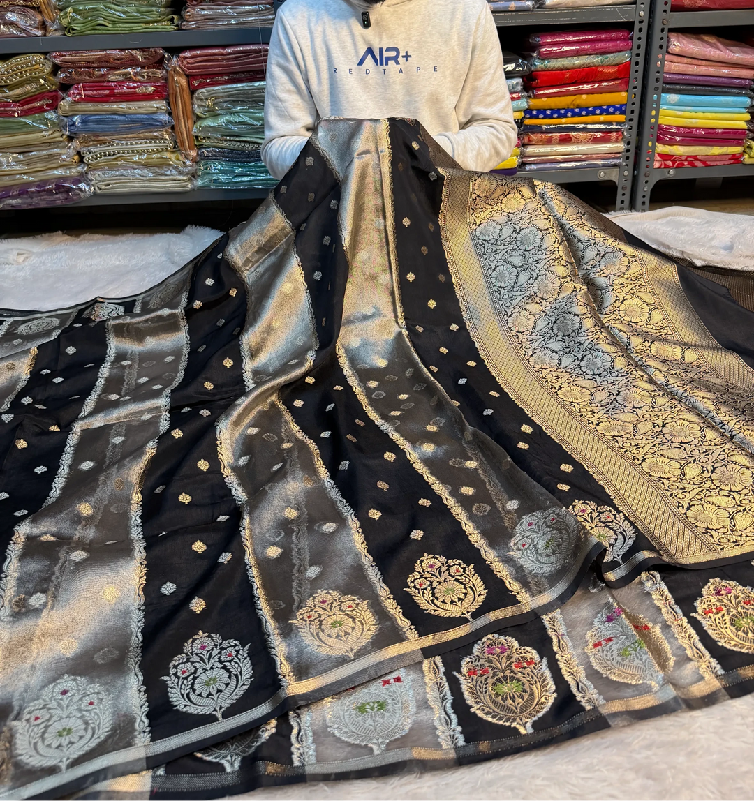 Ash Black Chinia Tissue Silk Heritage Weave Banarasi Saree