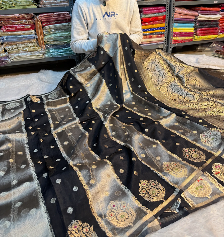 Ash Black Chinia Tissue Silk Heritage Weave Banarasi Saree