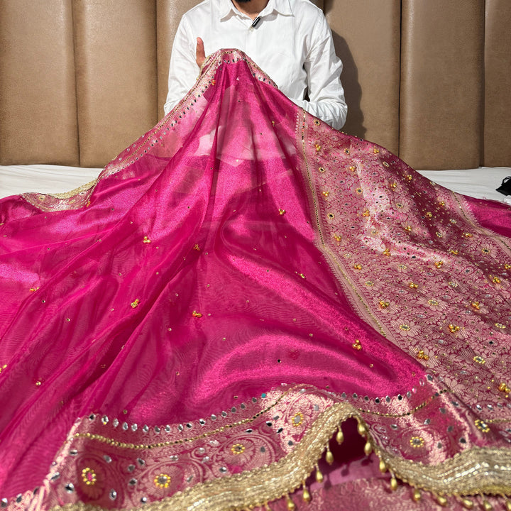 Rani Pink Kora Tissue Viral Ghungroo Saree
