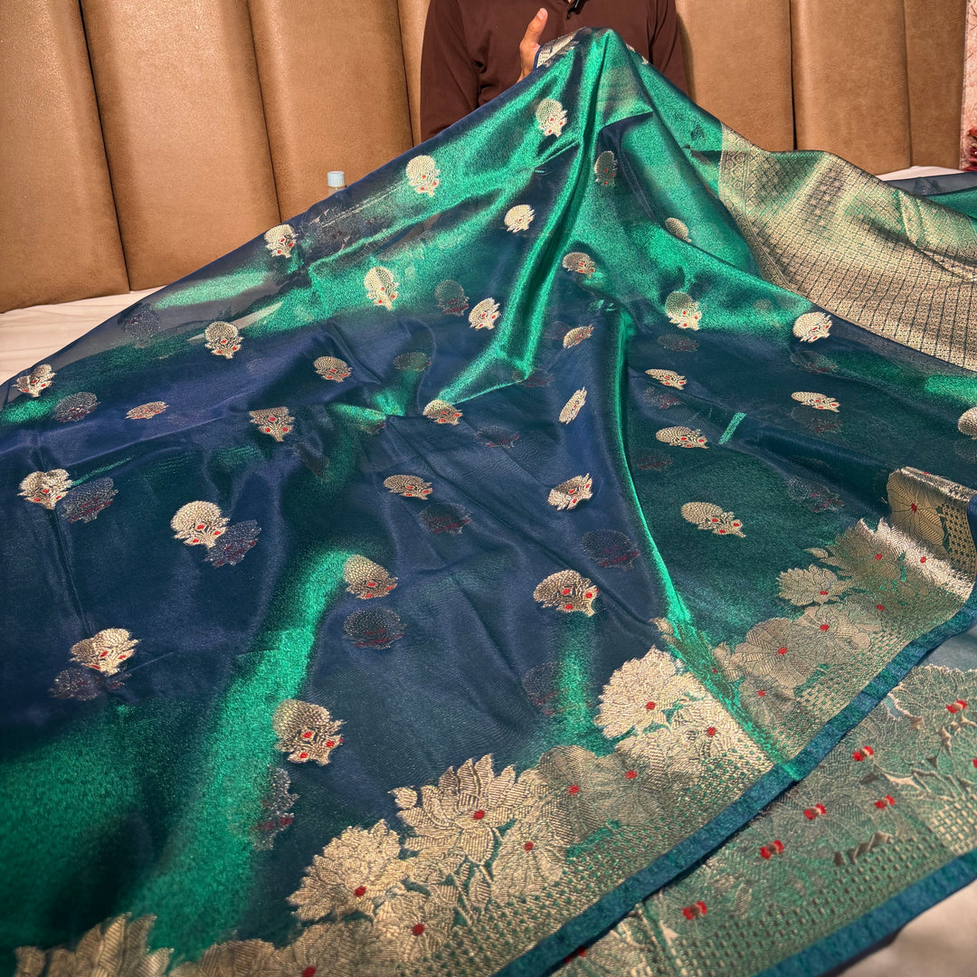 Rare Peacock Soft Tissue Silk Meenakari Buta Saree