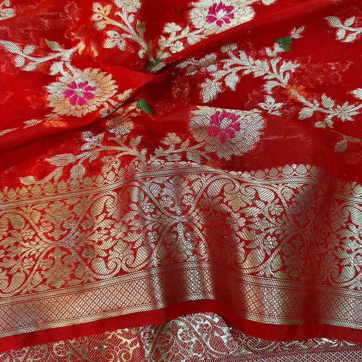 Red Semi Georgette Silk Banarasi Saree