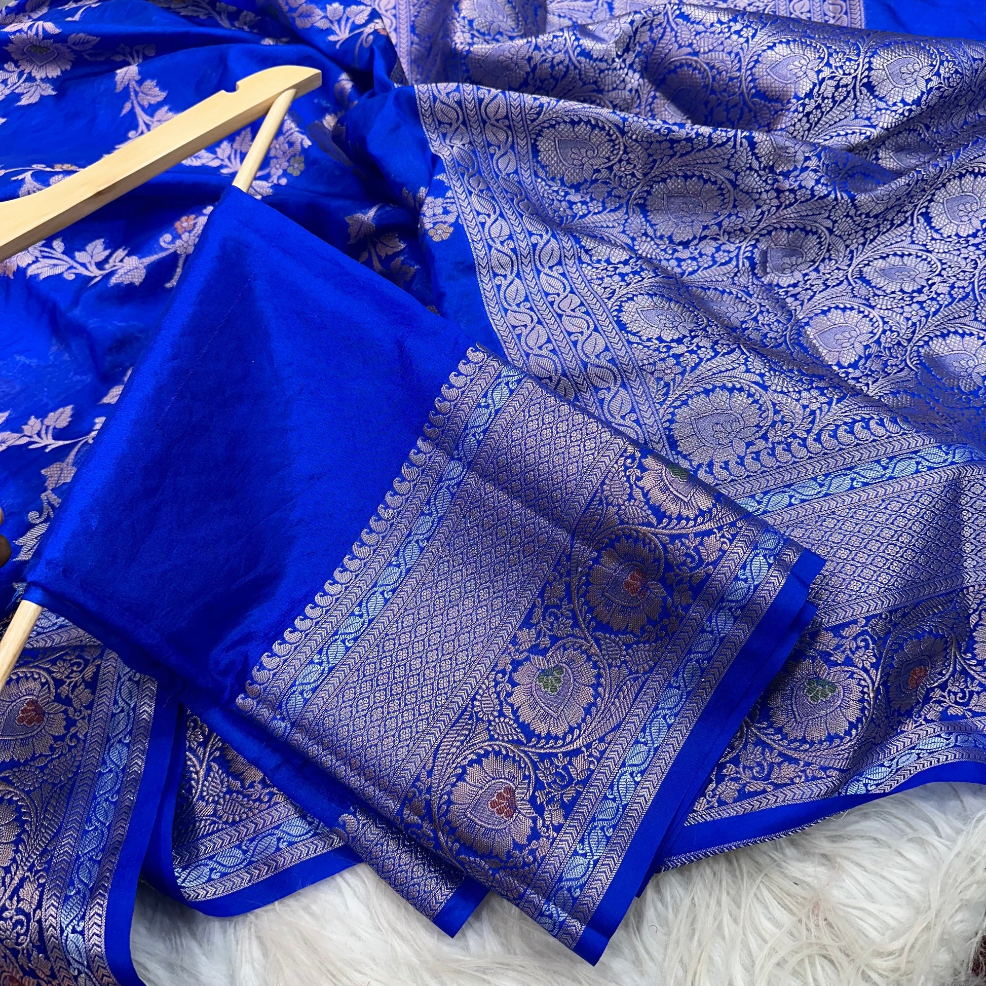 Bright Blue Chinia Silk Banarasi Saree