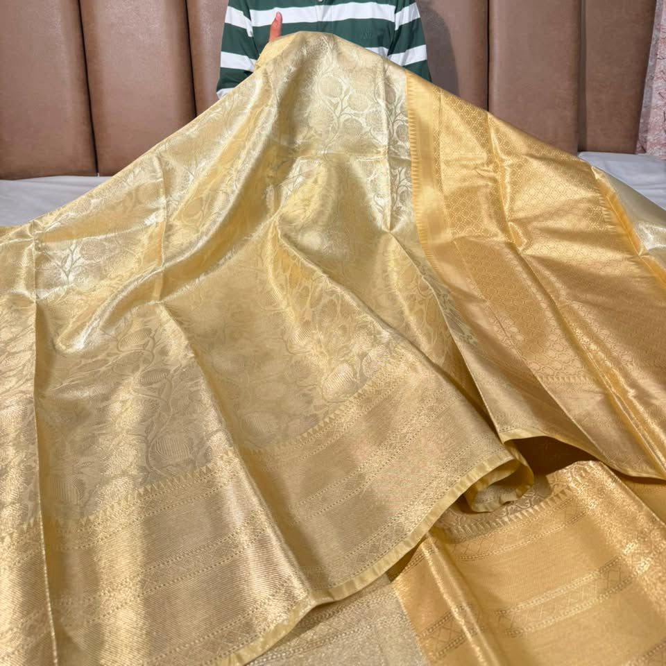 Light Gold Embossed Floral Tissue Saree