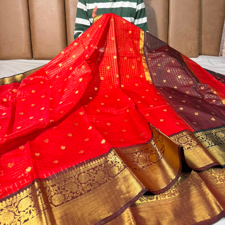 Bright Red Checks Buti Banarasi Silk Saree