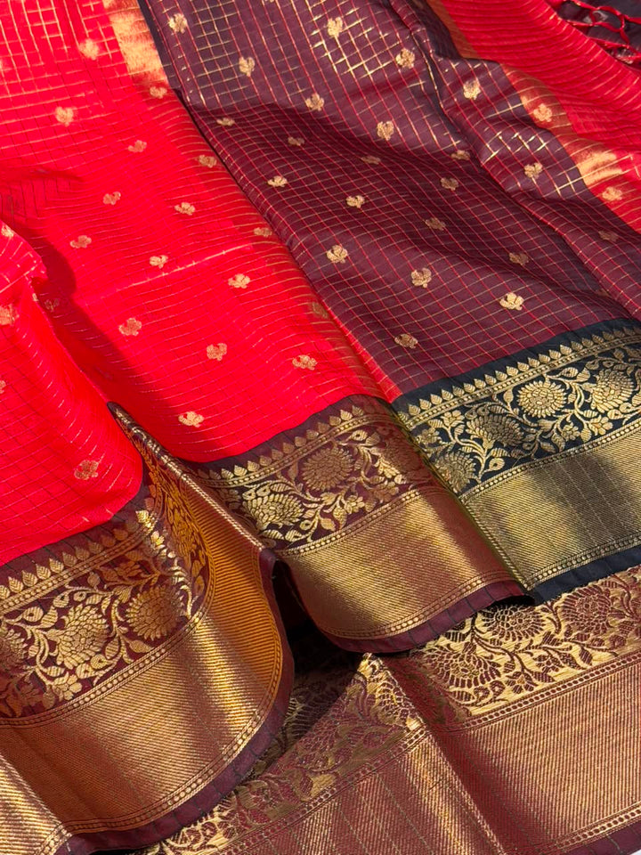 Bright Red Checks Buti Banarasi Silk Saree