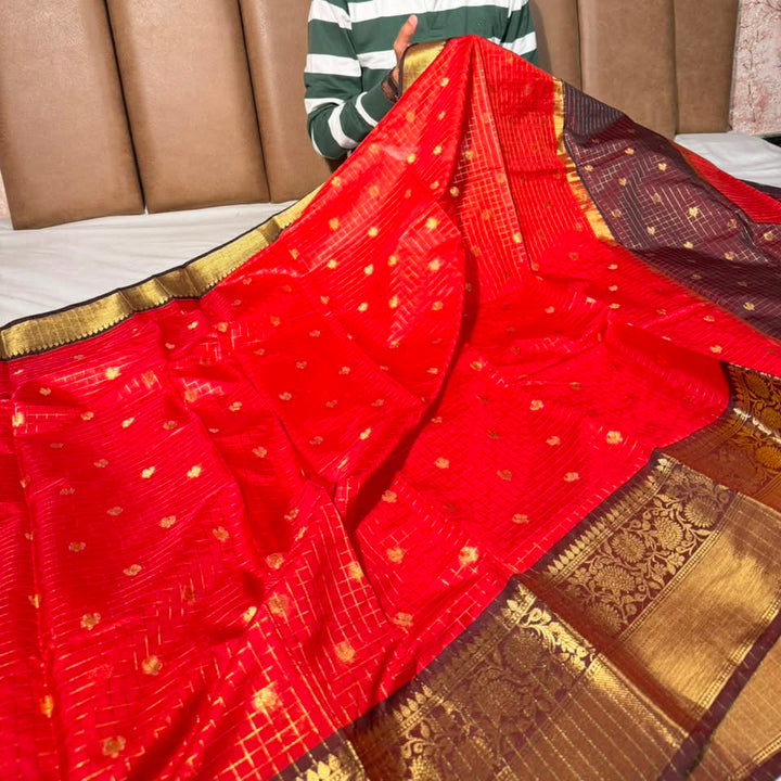 Bright Red Checks Buti Banarasi Silk Saree