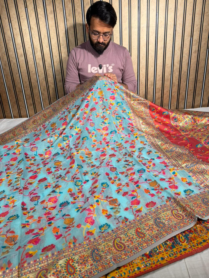 Baby Blue Soft Cotton Pashmina Tilfi Meenakari Banarasi Saree