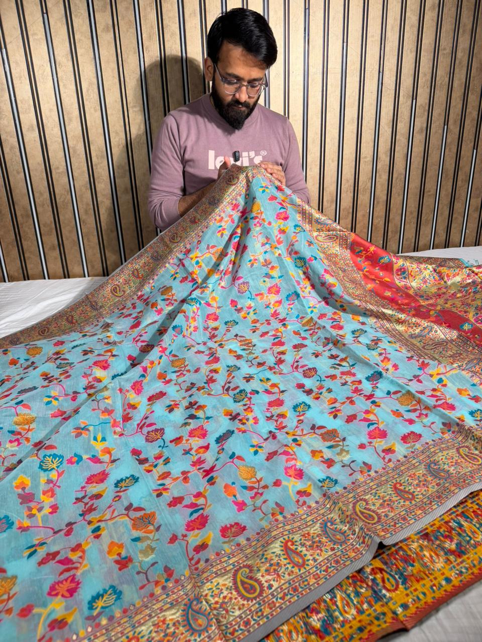 Baby Blue Soft Cotton Pashmina Tilfi Meenakari Banarasi Saree