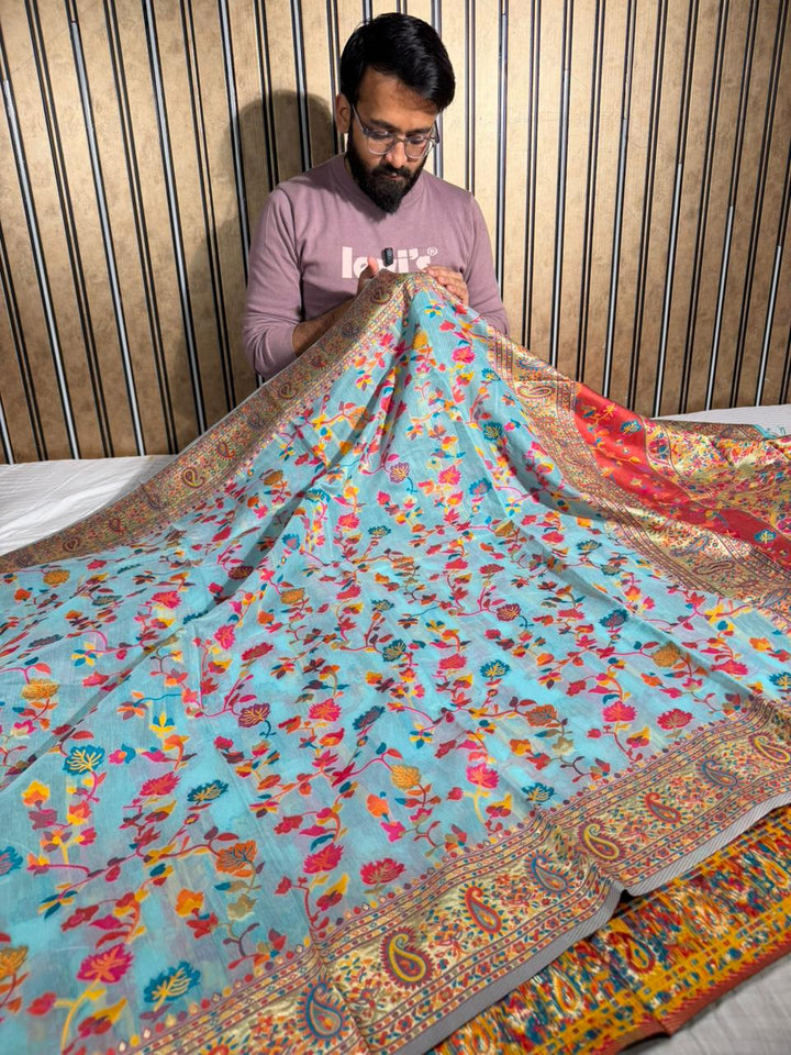 Baby Blue Soft Cotton Pashmina Tilfi Meenakari Banarasi Saree