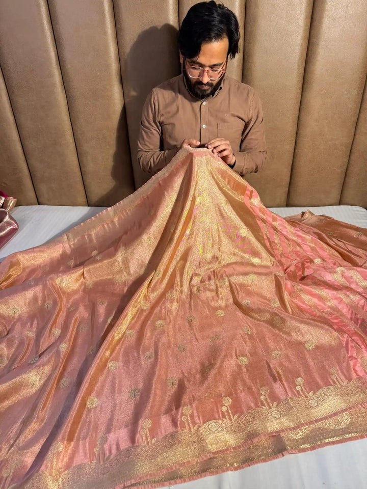 Baby Peach Breathable Katan Tissue Silk Saree with Rich Pallu and Blouse