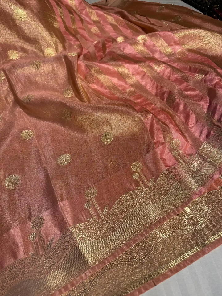 Baby Peach Breathable Katan Tissue Silk Saree with Rich Pallu and Blouse