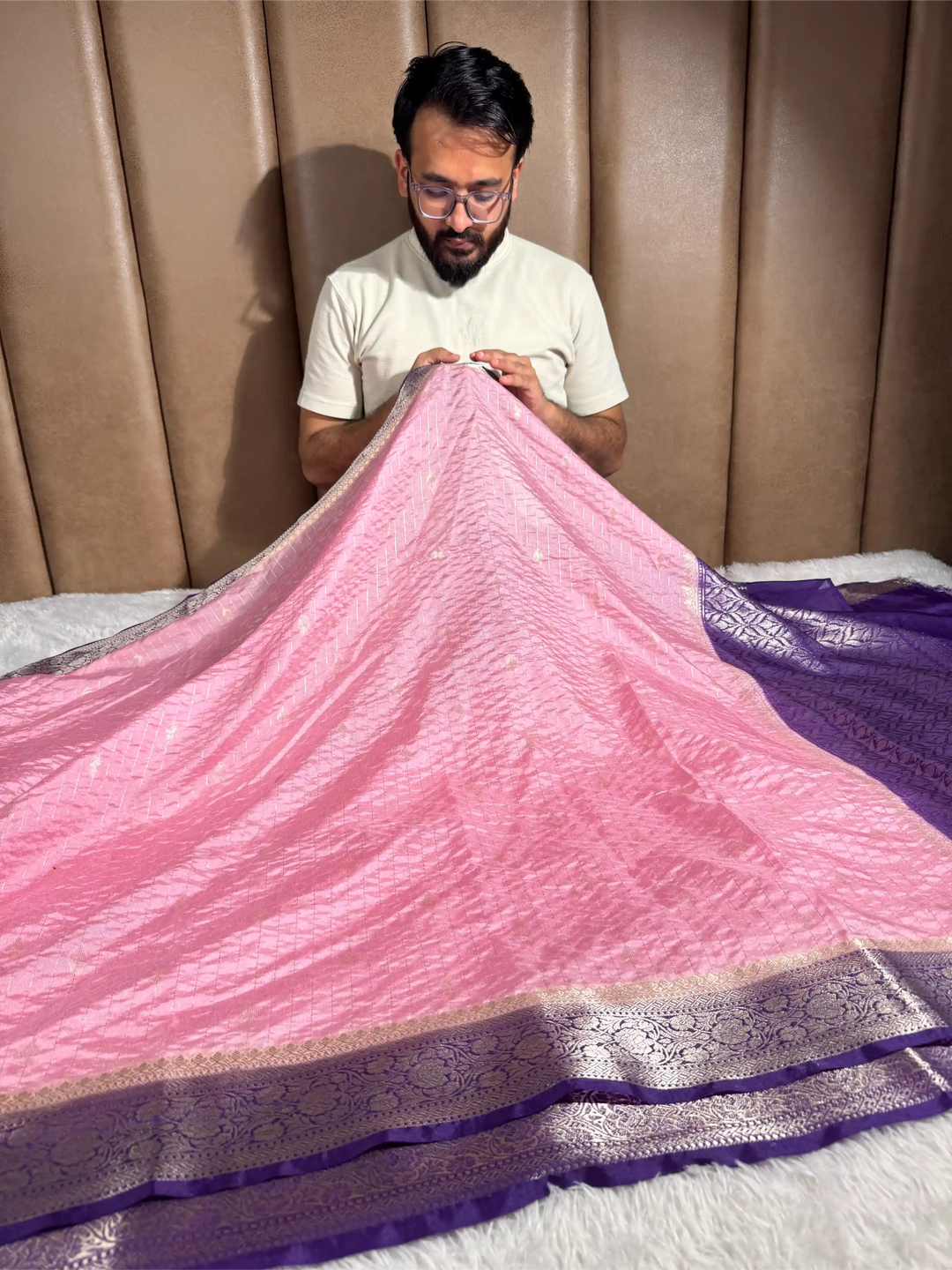 Baby Pink Chinia Silk with Contrast Purple Border Banarasi Saree