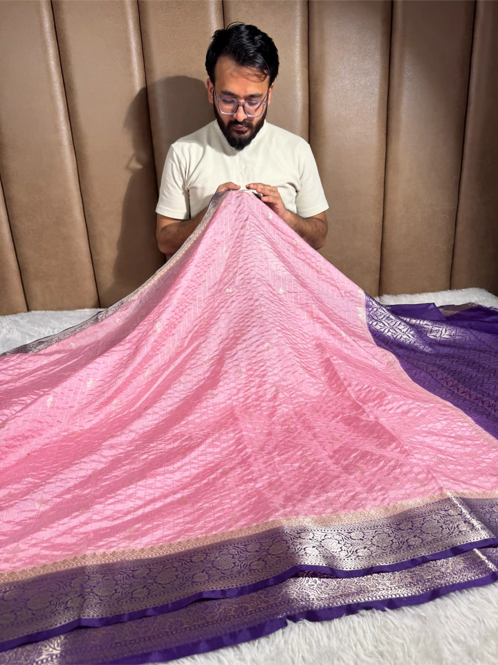 Baby Pink Chinia Silk with Contrast Purple Border Banarasi Saree