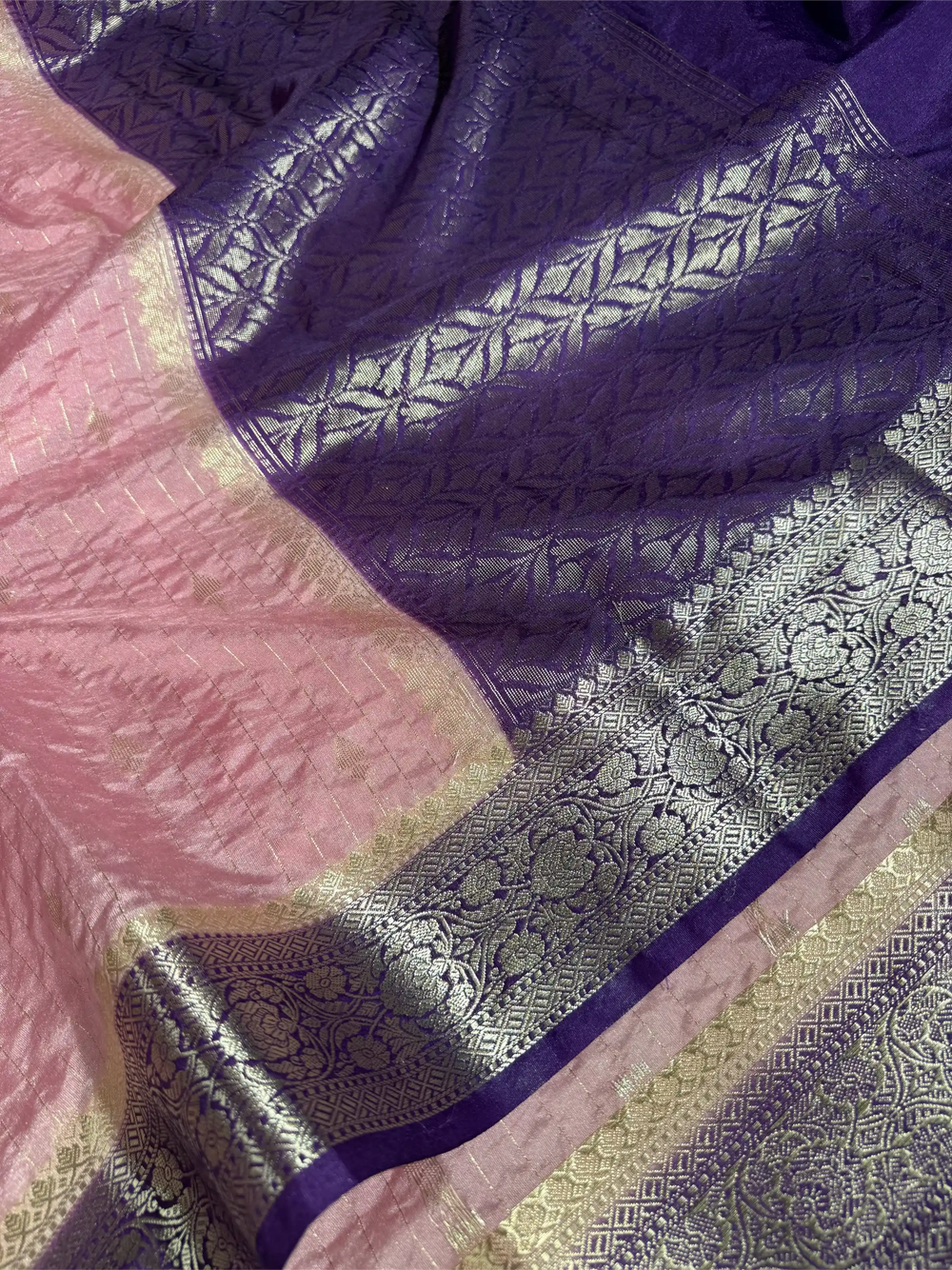 Baby Pink Chinia Silk with Contrast Purple Border Banarasi Saree