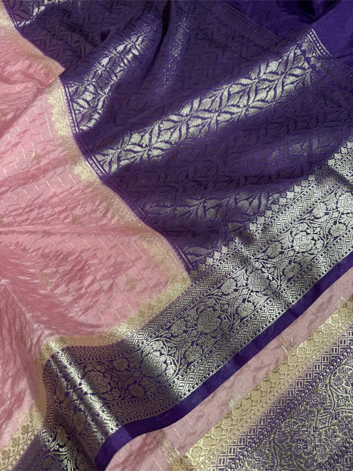 Baby Pink Chinia Silk with Contrast Purple Border Banarasi Saree