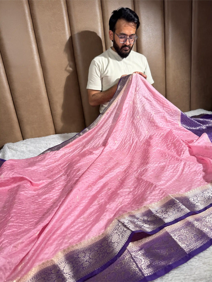 Baby Pink Chinia Silk with Contrast Purple Border Banarasi Saree