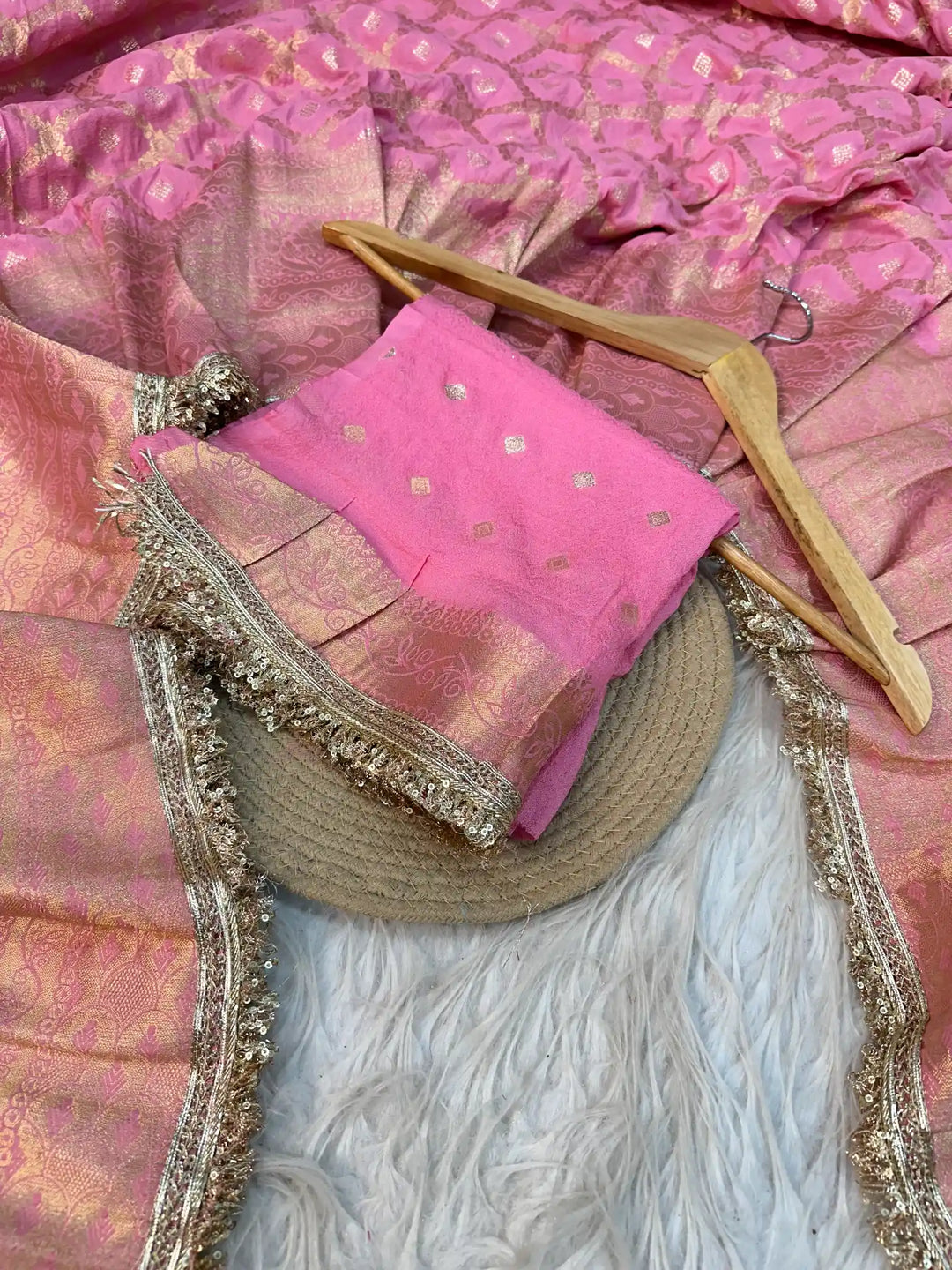 Baby Pink Chiniya Silk Lace Work Banarasi Saree
