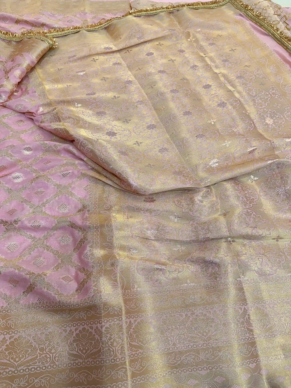 Baby Pink Chiniya Silk Lace Attached Banarasi Saree