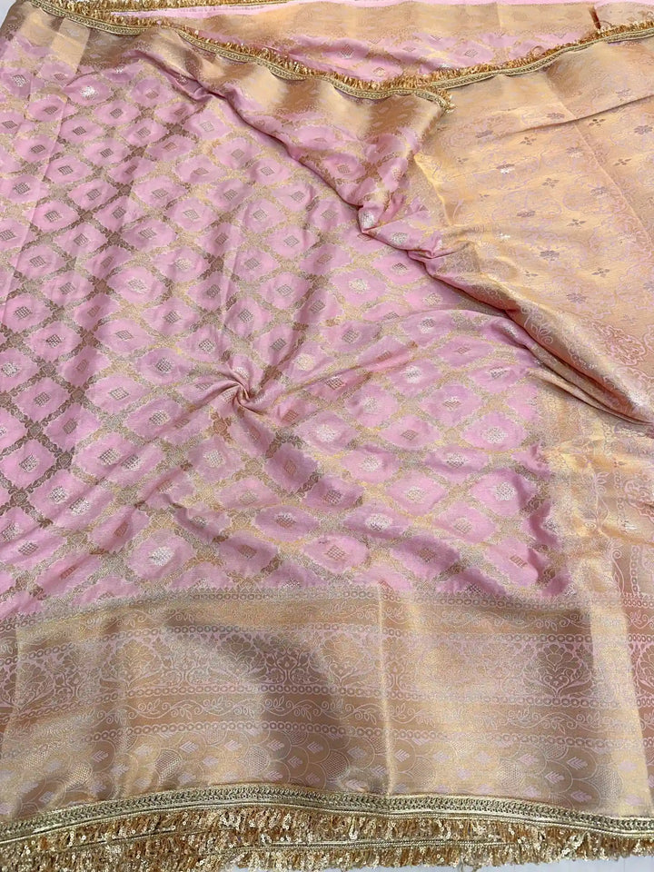 Baby Pink Chiniya Silk Lace Attached Banarasi Saree