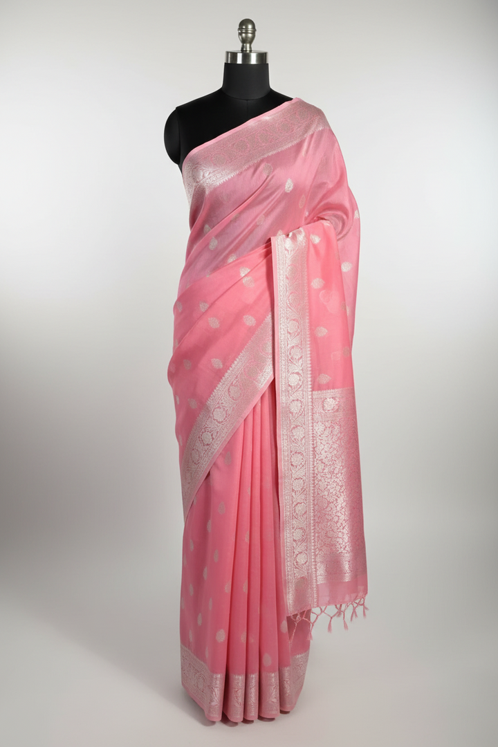 Baby Pink Colour Soft Silk Khaddi Buti Banarasi Saree