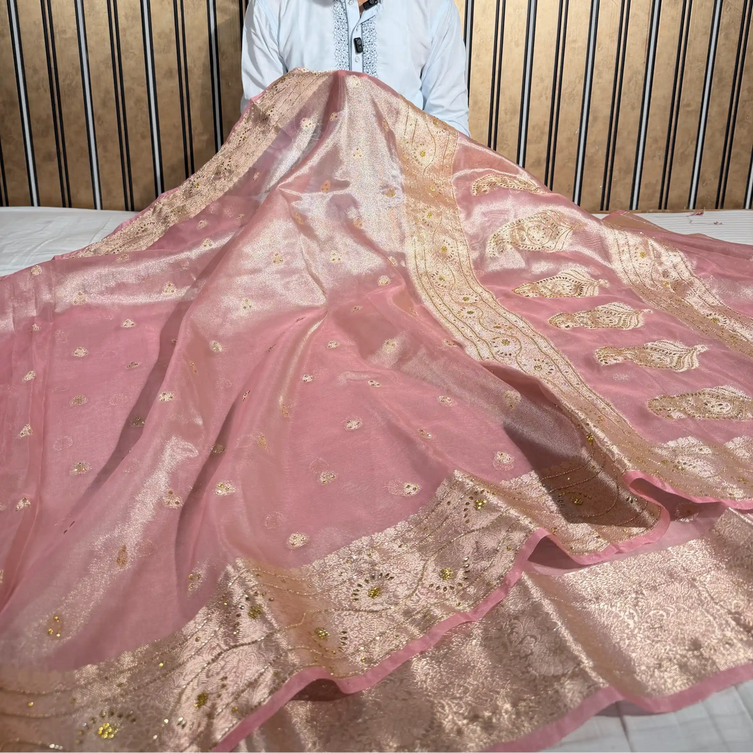 Baby Pink Heritage Tissue Silk Handwork Banarasi Saree